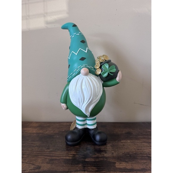 Irish Ceramic Gnome Pot Of Gold Lucky 12" Solid Shamrock Leprechaun Green EUC - Picture 1 of 6